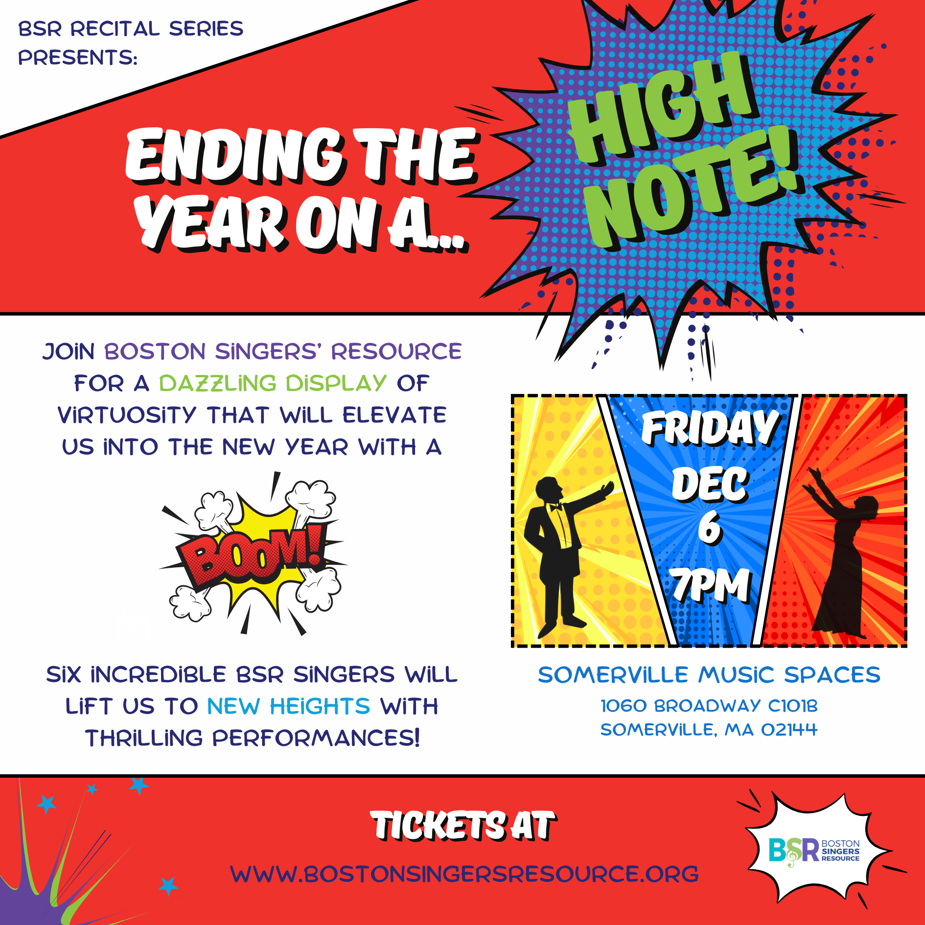 A comic book style flyer for the upcoming recital called "Ending the year on a high note!"