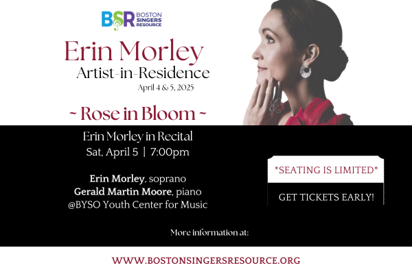 An elegant picture of Erin Morley next to information about the April 5 Rose in Bloom Recital