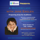 Jane Eaglen is shown with a friendly smile, welcoming you to her masterclass on Oct 15 at 7pm