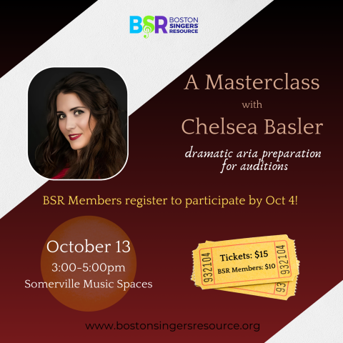 Chelsea Basler is featured with a friendly smile on the left, with information about the masterclass depicted on a burgundy background.