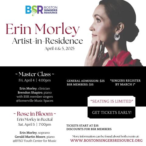 An elegant picture of Erin Morley next to information about the April 4 master class