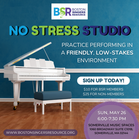 BSR No Stress Studio - a calm room with a white piano on the left side and details about the time and location of the event on the right side.