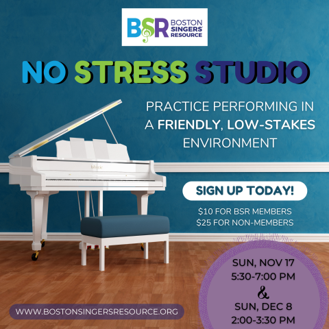 BSR No Stress Studio - a calm room with a white piano on the left side and details about the time and location of the event on the right side.