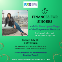 Dana Varga appears with a green background, and information about the upcoming financial workshop Finances for Singers